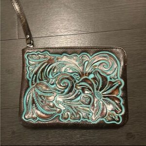 Brown and Turquoise Embossed Clutch - Patricia Nash